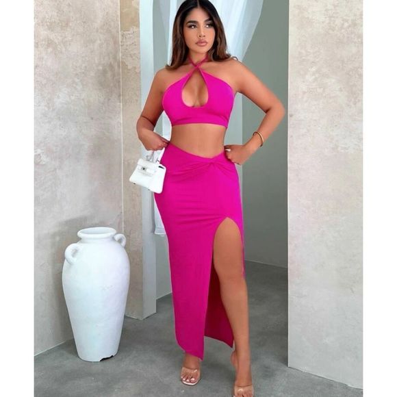 Shein sxy cut out halter top & twist front split thigh skirt size S hot pink - Picture 1 of 3